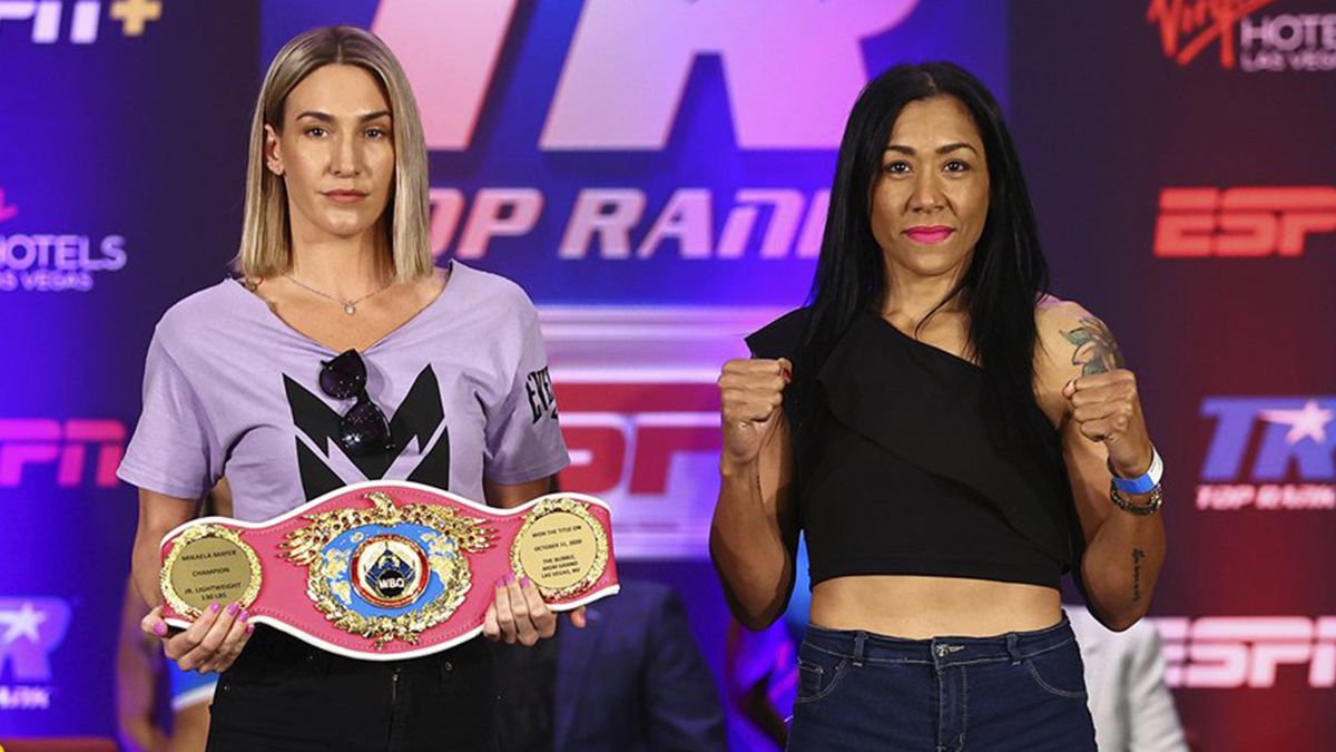 Erica Farías y Mikaela Meyer en el careo previo al conbate de este sábado en Las Vegas.