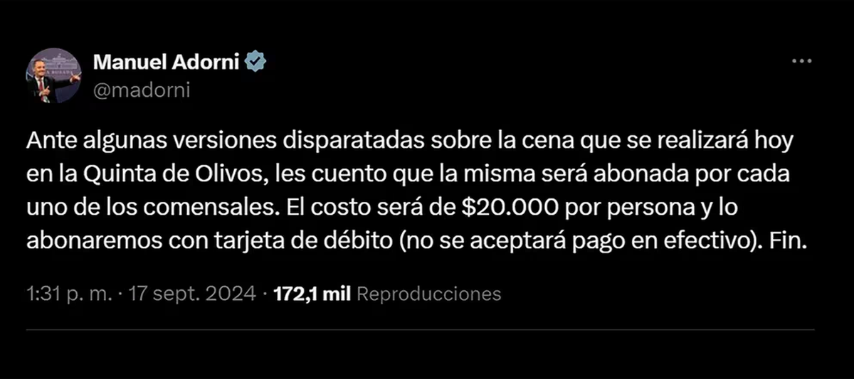 Adorni publicó un tuit para aclarar cómo abonarán la cena. Adorni publicó un tuit para aclarar cómo abonarán la cena.