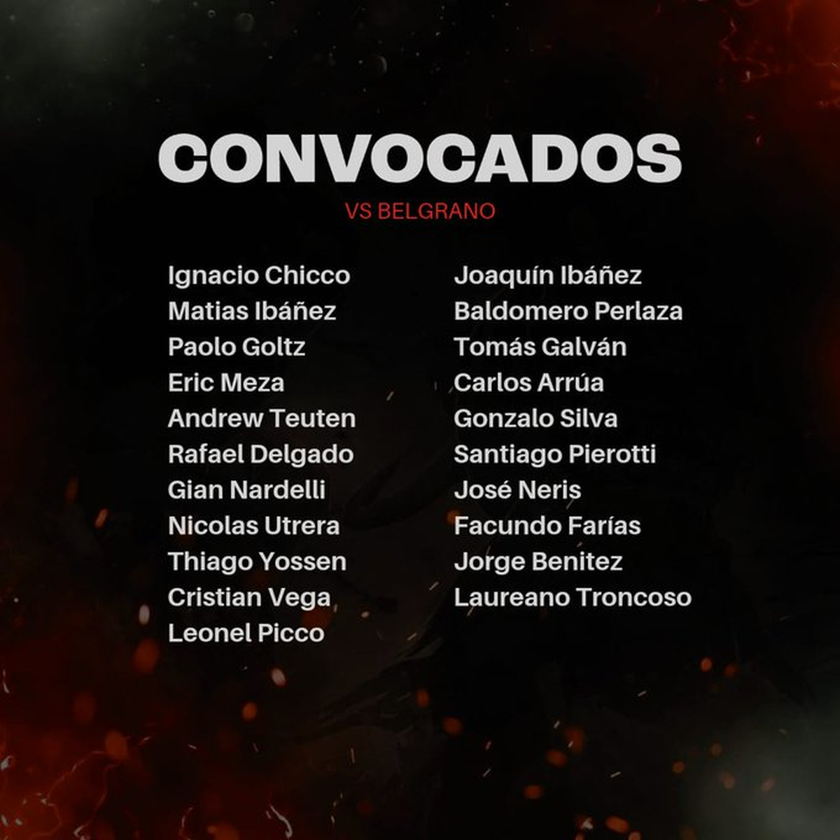 La lista de jugadores citados para el partido ante Belgrano. La lista de jugadores citados para el partido ante Belgrano.