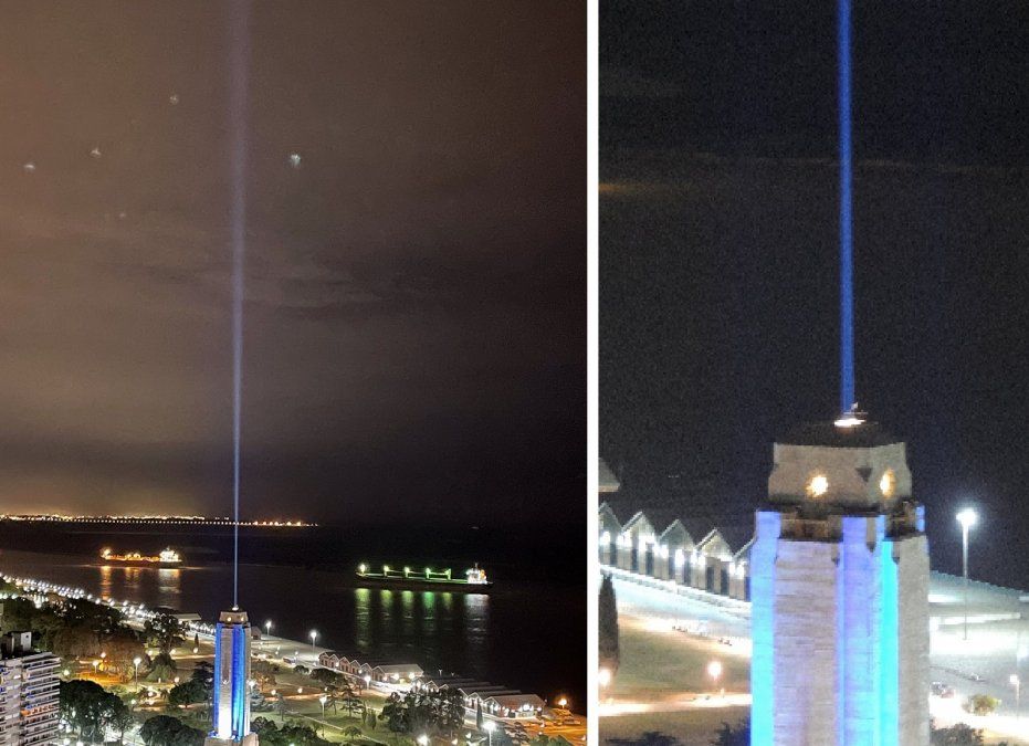 Sorpresa por un rayo de luz que salió del Monumento a la Bandera y señaló al cielo