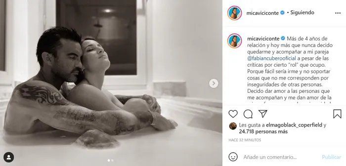 El picante posteo de Mica Viciconte bañándose con Cubero y un mensaje particular a Nicole Neumann.