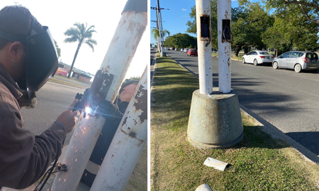 Operarios municipales reparan una columna de iluminación, que había sido vandalizada, en la Costanera de Santa Fe. Operarios municipales reparan una columna de iluminación, que había sido vandalizada, en la Costanera de Santa Fe.