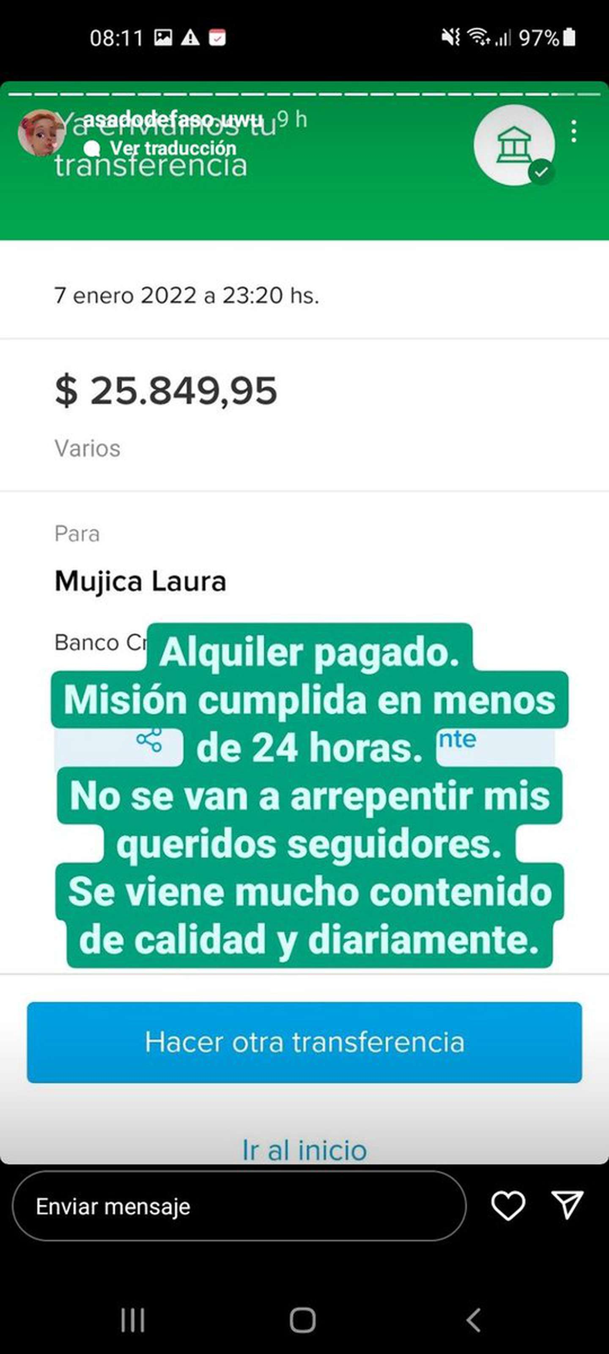 A menos de 24 horas, la youtuber hab&iacute;a conseguido el monto para pagar el alquiler.