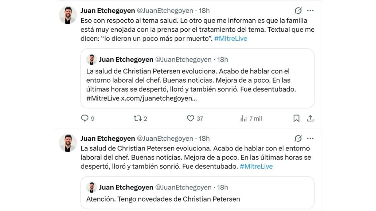 A trav&eacute;s de sus redes sociales, Juan Etchegoyen brind&oacute; detalles sobre la salud de Christian Petersen.