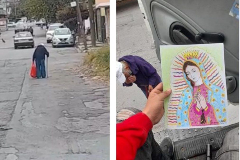 Abuelito vende dibujos de la Virgen para comprar leche a sus nietos y se volvió viral