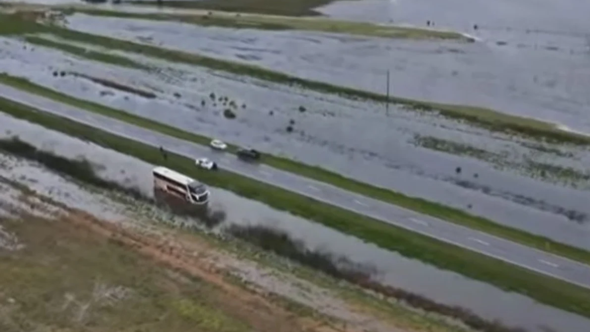 Tormenta de Santa Rosa: un micro quedó varado en la Ruta 5 y rescataron a 40 pasajeros en lancha Tormenta de Santa Rosa: un micro quedó varado en la Ruta 5 y rescataron a 40 pasajeros en lancha