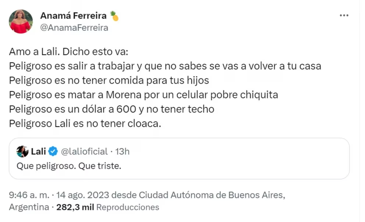 Anamá Ferreira le dedicó un mensaje a Lali Espósito. Anamá Ferreira le dedicó un mensaje a Lali Espósito.