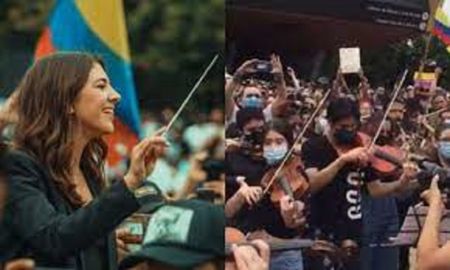 Susana Boreal, la mujer que se hizo viral en las redes sociales por dirigir una orquesta durante las marchas en Medellín.