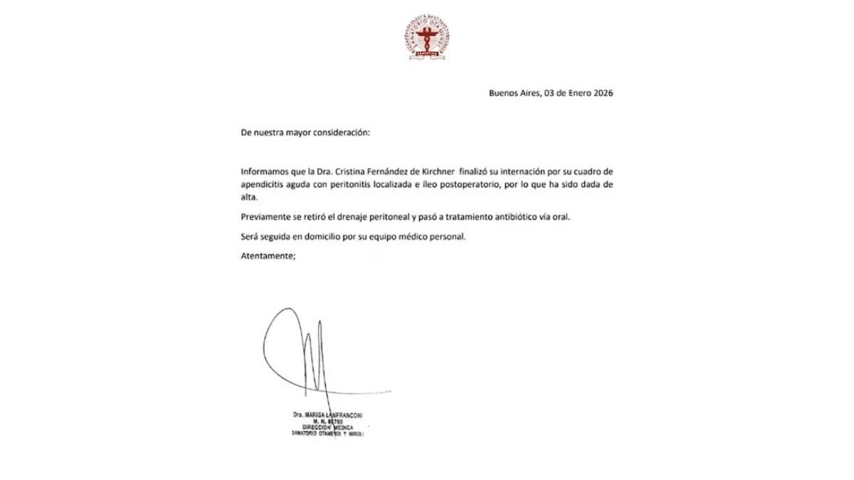 El parte médico oficial Cristina Kirchner del Sanatorio Otamendi.