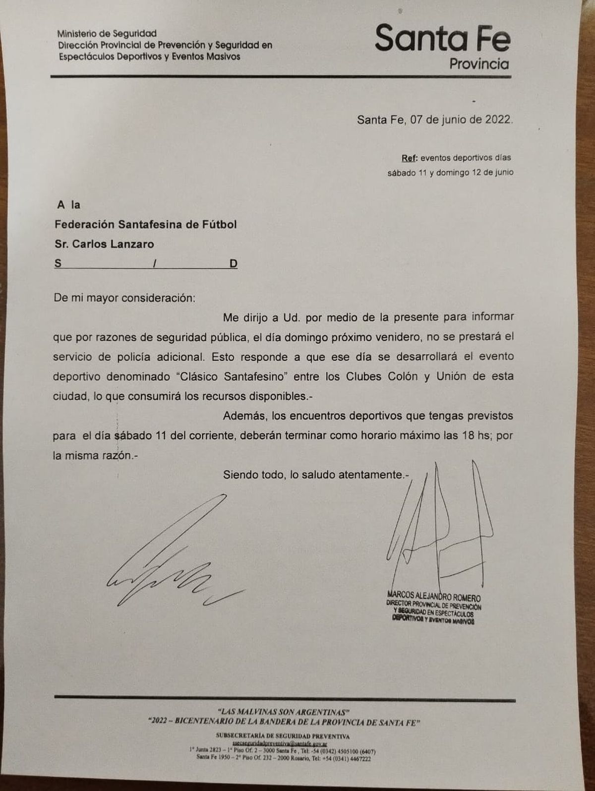 La nota que envió el Ministerio de Seguridad a la Federación Santafesina de Fútbol.