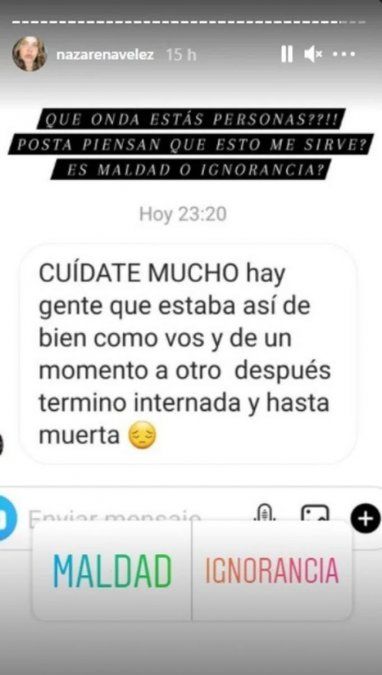 Nazarena Vélez contagiada de covid.