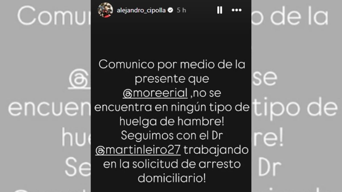 Cipolla negó que Morena Rial esté dejando de comer en la cárcel. Cipolla negó que Morena Rial esté dejando de comer en la cárcel. 