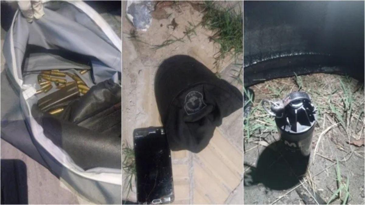 Durante una persecución, los sospechosos descartaron una granada y una mochila que tenía en su interior un chaleco táctico y una gorra con insignias policiales, mientras que además dejaron una amenaza escrita, balas de grueso calibre y cargadores. Durante una persecución, los sospechosos descartaron una granada y una mochila que tenía en su interior un chaleco táctico y una gorra con insignias policiales, mientras que además dejaron una amenaza escrita, balas de grueso calibre y cargadores.
