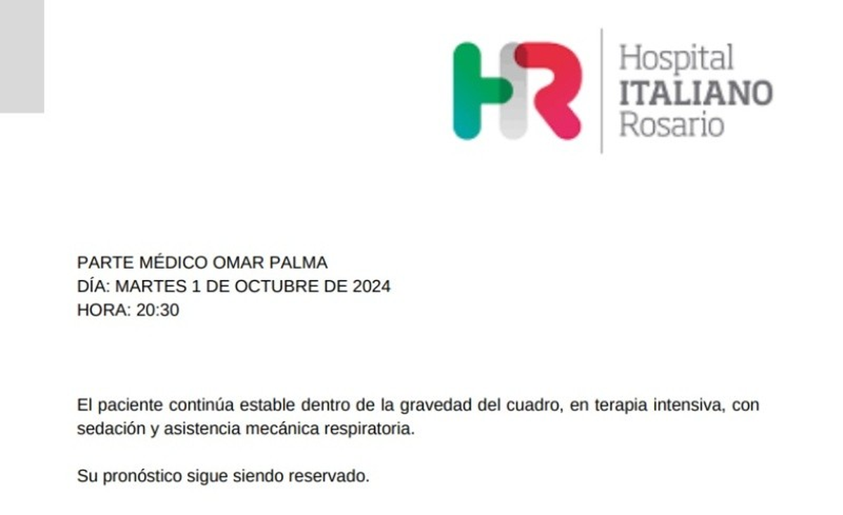 Último parte médico del Negro Omar Palma: "Continúa estable dentro de la gravedad del cuadro". Último parte médico del Negro Omar Palma: "Continúa estable dentro de la gravedad del cuadro".