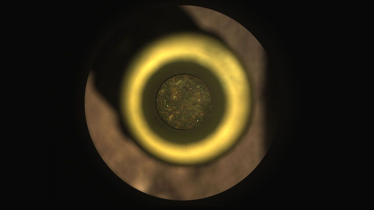 Primera roca de Marte con núcleo de Perseverance en un tubo de muestra : La primera muestra de roca con núcleo de Perseverance es visible dentro de este tubo de recolección de muestras de titanio en esta imagen tomada el 6 de septiembre de 2021. Créditos: NASA / JPL-Caltech.