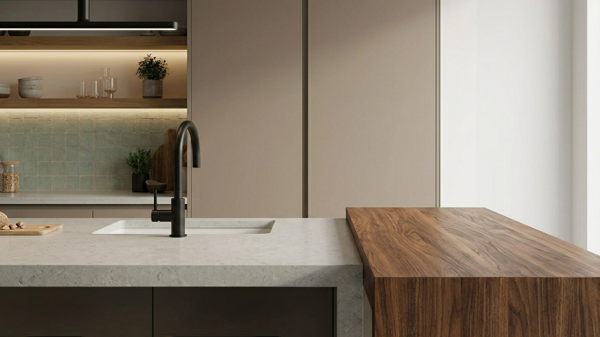 La imagen muestra la convivencia de texturas. Una mesada de Neolith con vetas grises (imitación mármol) se une a una barra desayunadora de madera maciza de cedro, con bordes naturales. Al fondo, las alacenas lisas de color visón completan el look sofisticado y orgánico.