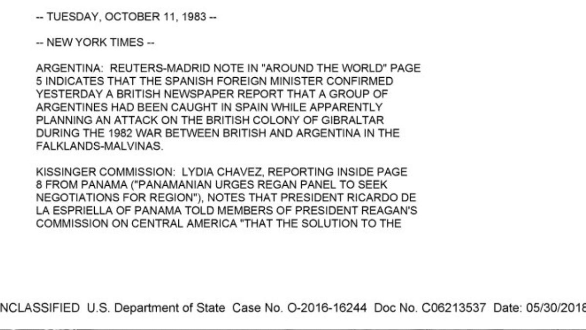 El documento desclasificado de la inteligencia estadounidense, que menciona la declaración del ministro de Asuntos Exteriores de España sobre la detención de un grupo de argentinos que buscaban atacar al Reino Unido en Gibraltar. El documento desclasificado de la inteligencia estadounidense, que menciona la declaración del ministro de Asuntos Exteriores de España sobre la detención de un grupo de argentinos que buscaban atacar al Reino Unido en Gibraltar.