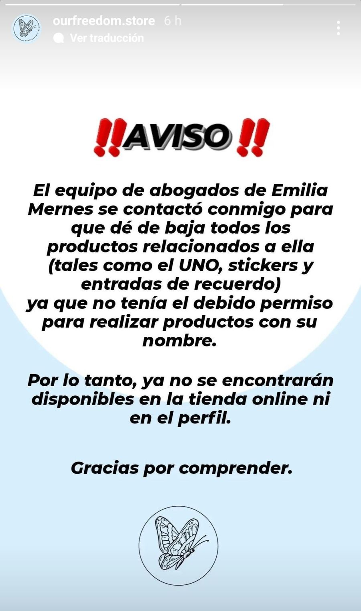 Un emprendimiento se comunicó con sus seguidores avisándoles que ya no vendería productos de Emilia Mernes. Un emprendimiento se comunicó con sus seguidores avisándoles que ya no vendería productos de Emilia Mernes.