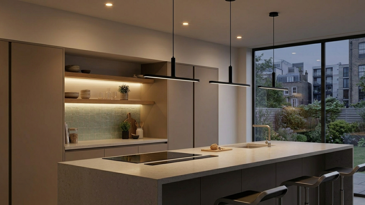 Esta imagen resalta el poder de la luz. En una cocina de tonos oscuros y elegantes, la iluminación es protagonista: una tira de LED cálida ilumina la mesada desde abajo de los estantes, y tres lámparas colgantes de diseño industrial sutil cuelgan sobre la barra, creando un ambiente acogedor e íntimo.