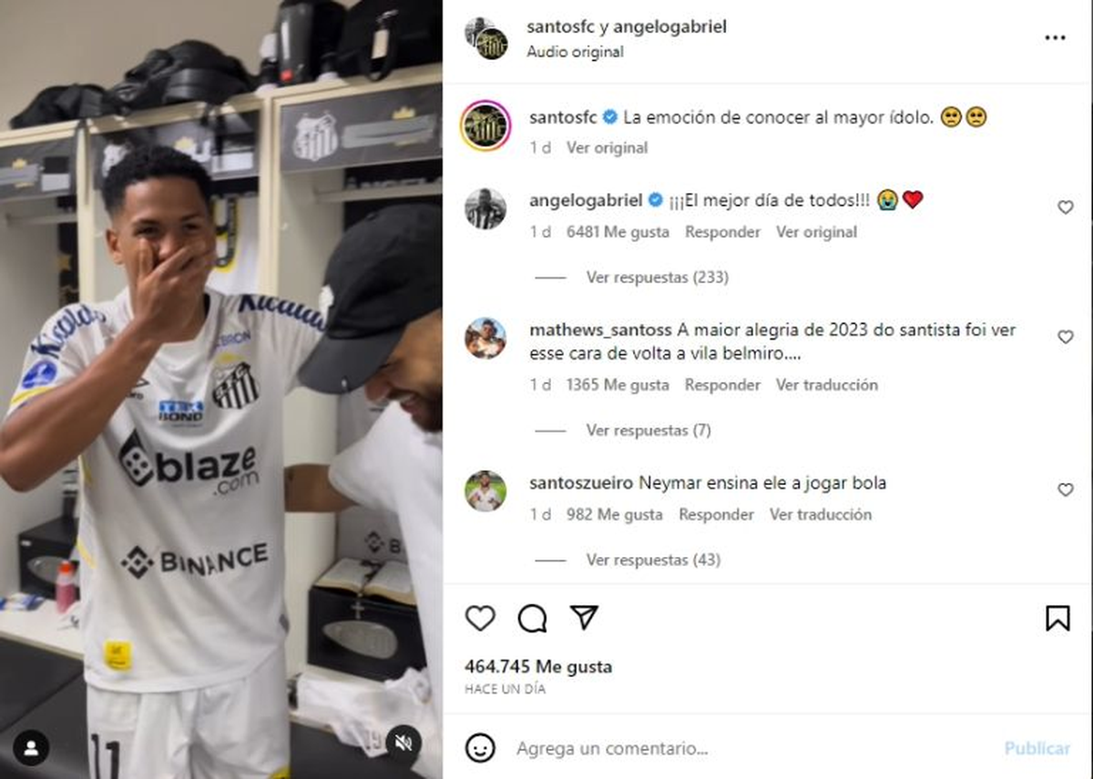 Ángelo Gabriel, llamado a ser el nuevo Neymar en Santos, no pudo ocultar su emoción a conocer a su ídolo.