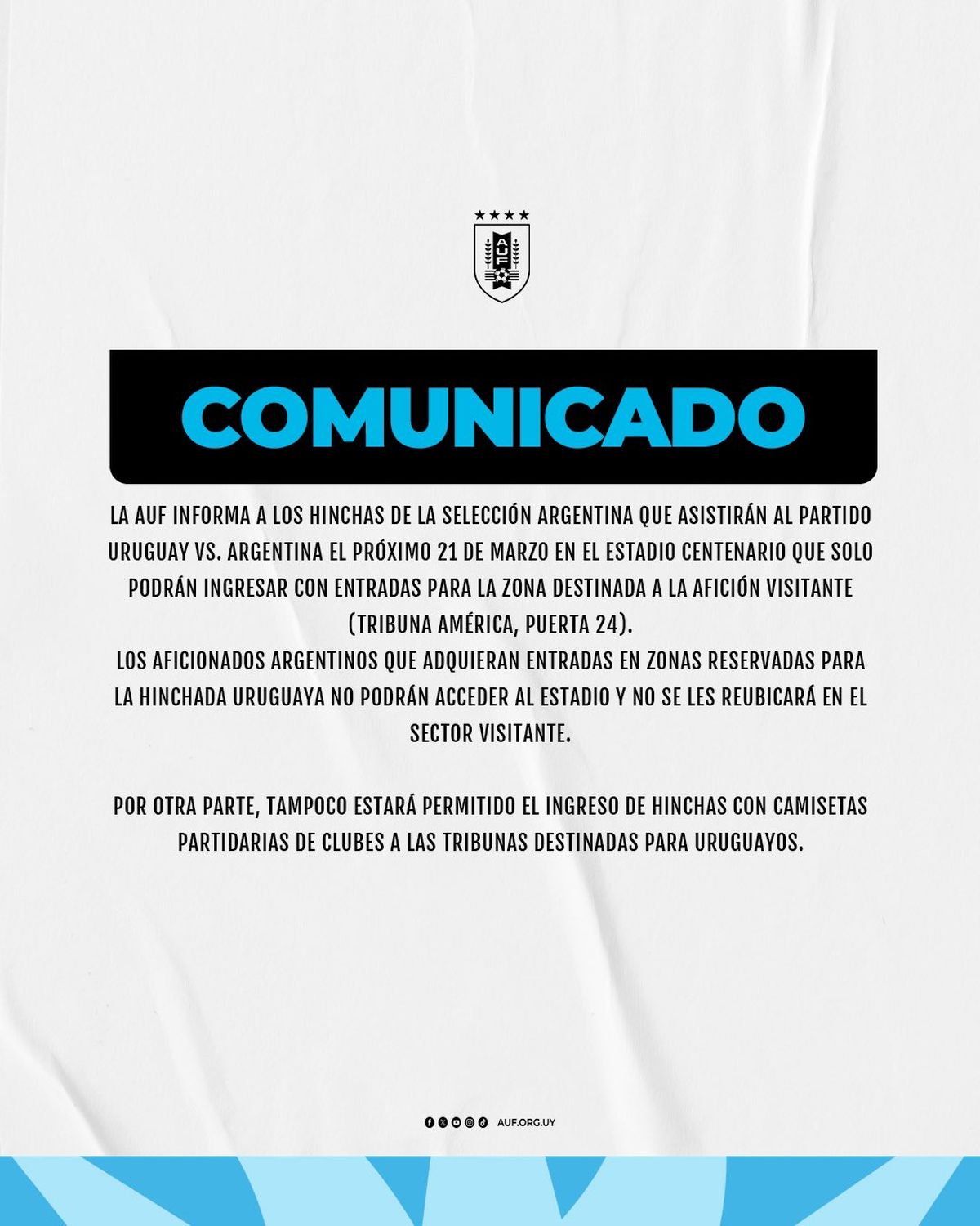 El comunicado de la AUF sobre el encuentro de marzo con Argentina por Eliminatorias. El comunicado de la AUF sobre el encuentro de marzo con Argentina por Eliminatorias. 