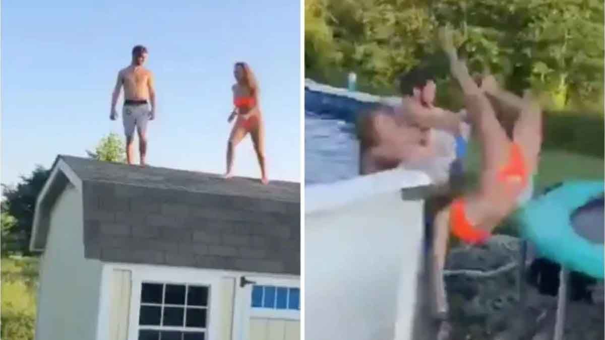 Una joven salta de un techo para caer en una piscina y sufre terrible accidente