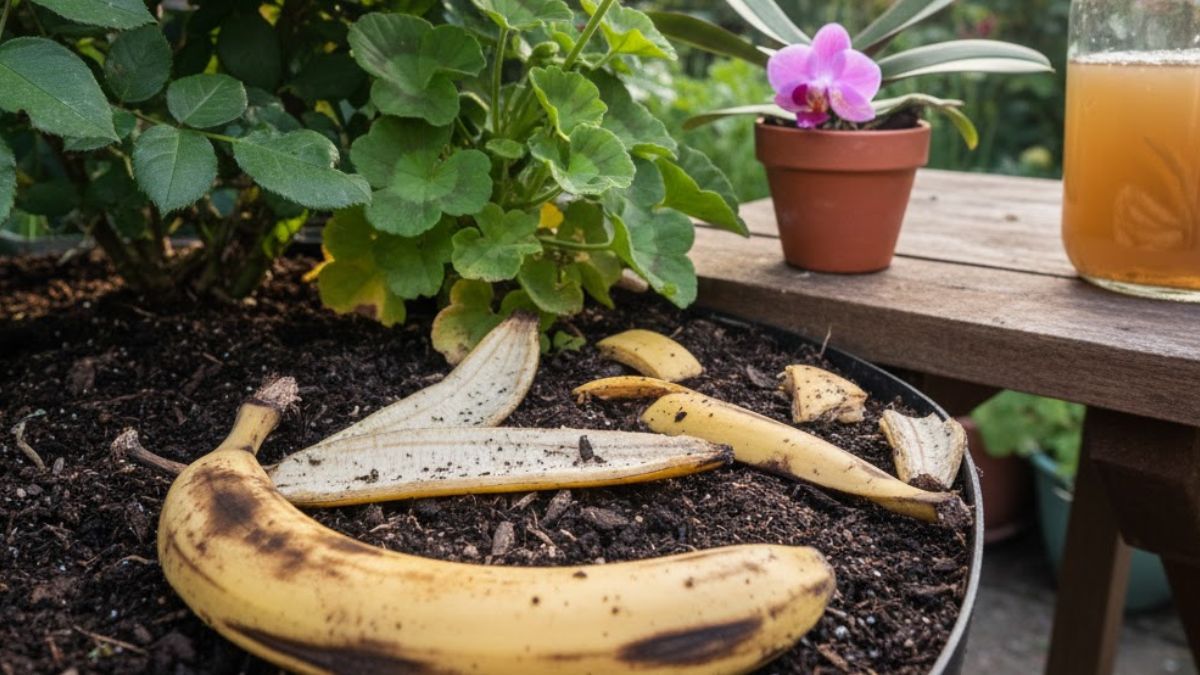 Cáscara de banana en la tierra.