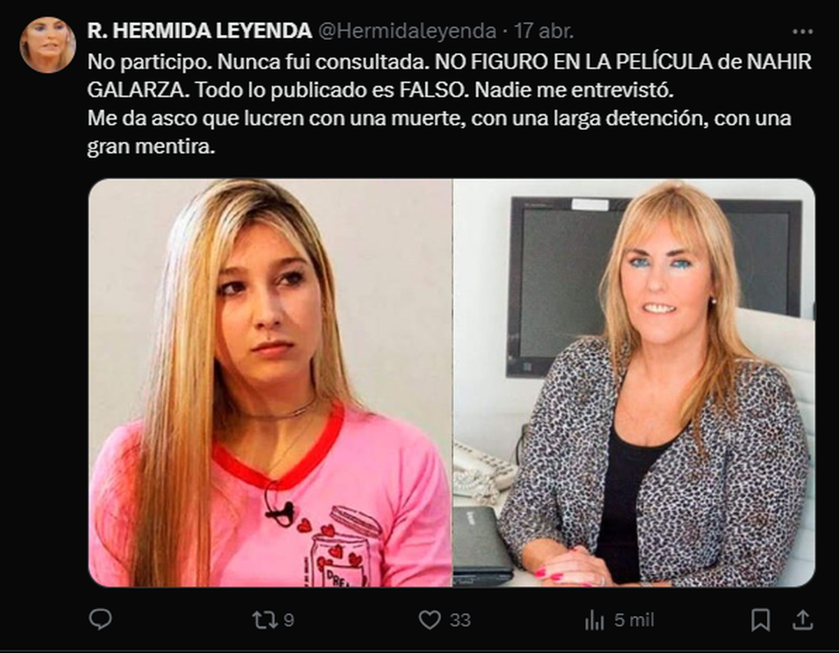 Raquel Hermida aseguró que la película de Nahir Galarza aseguró que "es una mentira". Raquel Hermida aseguró que la película de Nahir Galarza aseguró que "es una mentira".