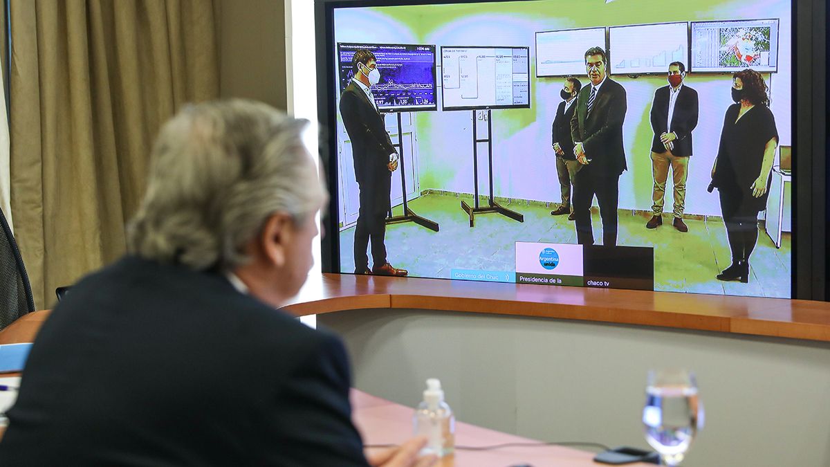El presidente Alberto Fern&aacute;ndez en la&nbsp;videoconferencia con el gobernador de Chaco