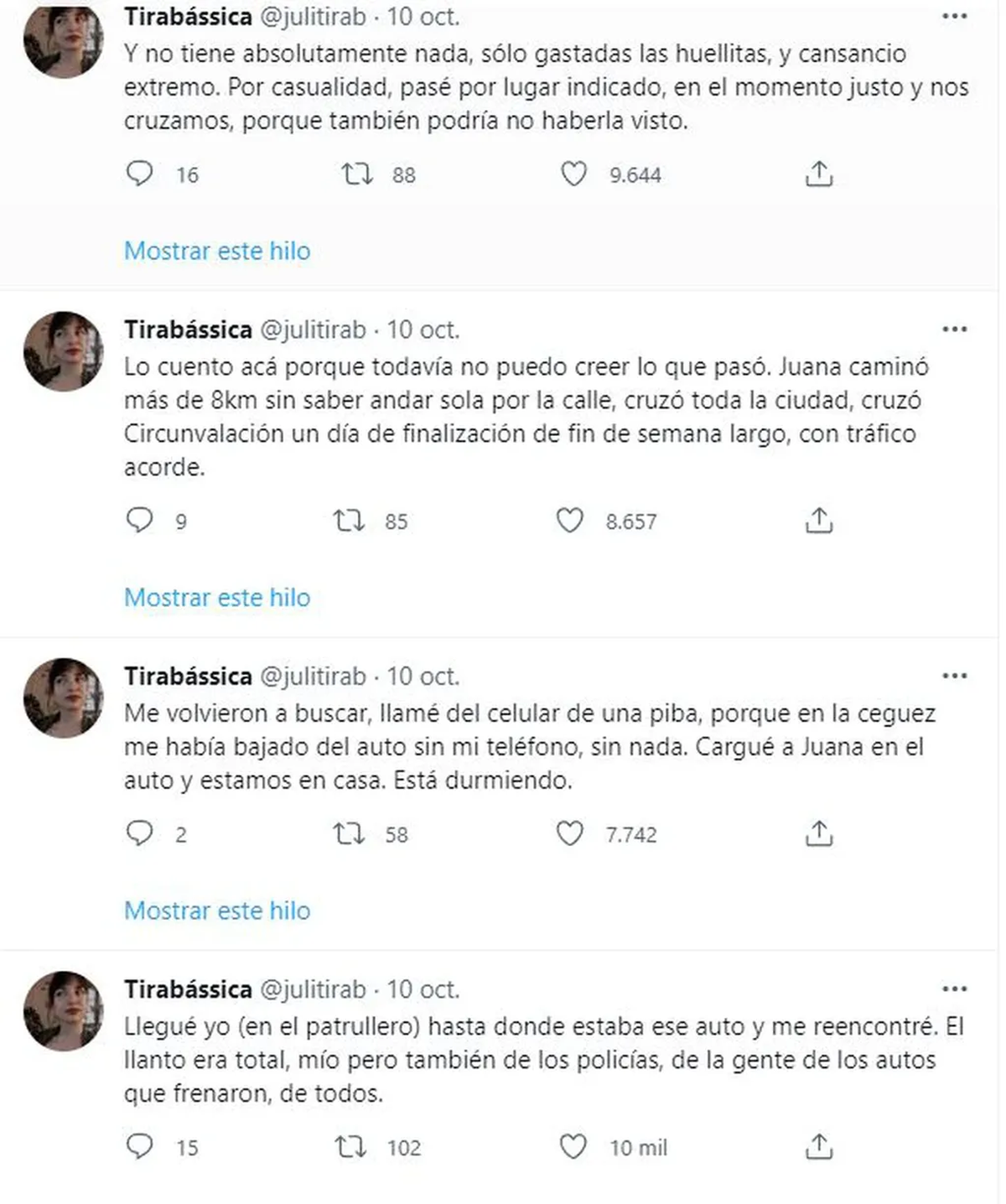 El hilo de Twitter que publicó Julia contando como fue el reencuentro con su mascota Juana.