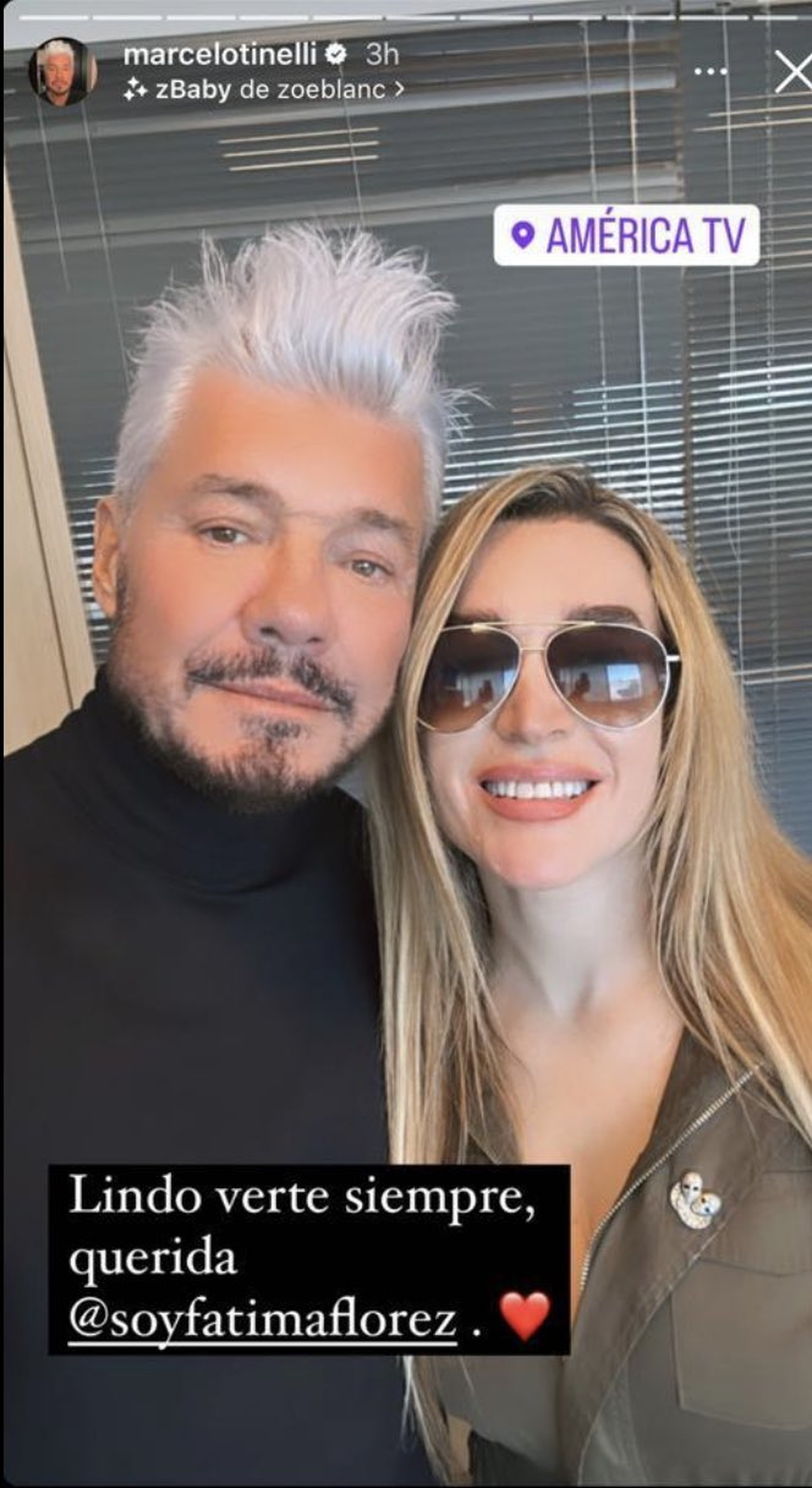 Marcelo Tinelli compartió una instantánea junto a Fátima Flórez. Marcelo Tinelli compartió una instantánea junto a Fátima Flórez.
