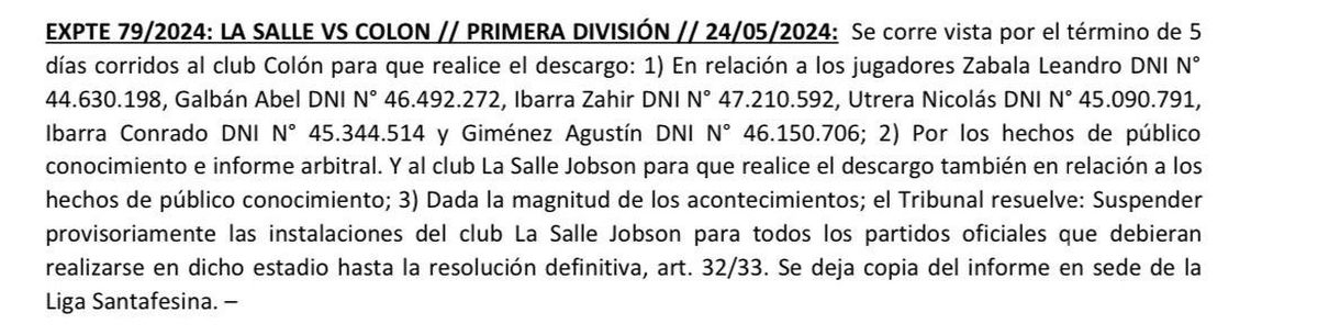 Las sanciones del Tribunal de Disciplina de la Liga Santafesina, tras el partido entre Colón y La Salle. Las sanciones del Tribunal de Disciplina de la Liga Santafesina, tras el partido entre Colón y La Salle.