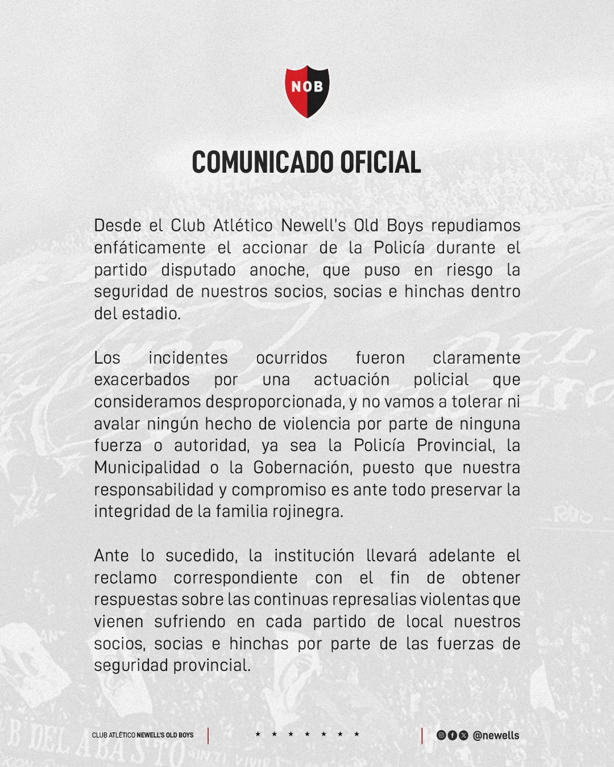 El contundente mensaje de Newell's tras los incidentes durante el partido con Belgrano: ¿A quién apuntó?. El contundente mensaje de Newell's tras los incidentes durante el partido con Belgrano: ¿A quién apuntó?.