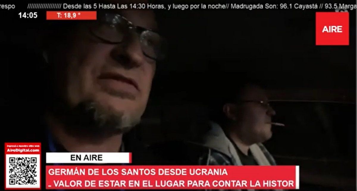 Germán de los Santos y Dima la noche que ingresaron a Kiev, bajo la amenaza constante de los misiles y las bombas. Fue uno de los momentos más riesgosos de la cobertura de AIRE en Ucrania.