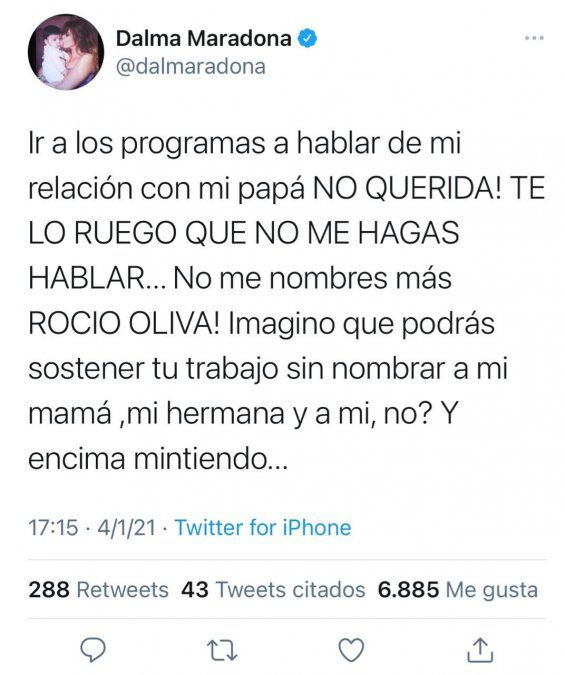 Dalma no dejó dudas de que se refería a Rocío.