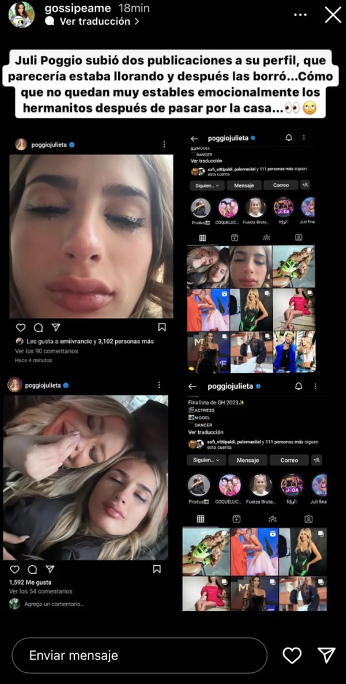 Julieta Poggio publicó dos fotos llorando y preocupó a sus seguidores. Julieta Poggio publicó dos fotos llorando y preocupó a sus seguidores. 