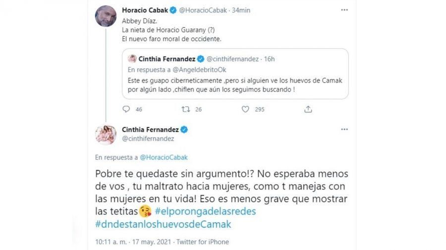 Horacio Cabak se burló del pasado de Cinthia Fernández como protagonista de una serie de escándalos y ella saltó enfurecida. 