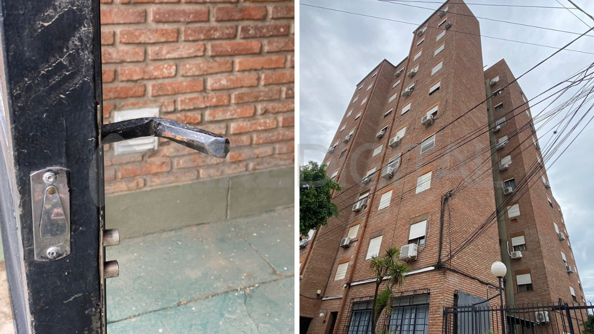 A la izquierda, la cerradura del bicicletero forzada, a la derecha el frente del edificio de Pedro Zenteno 2100. A la izquierda, la cerradura del bicicletero forzada, a la derecha el frente del edificio de Pedro Zenteno 2100.