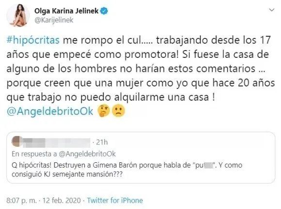 El tuit de Karina Jelinek.