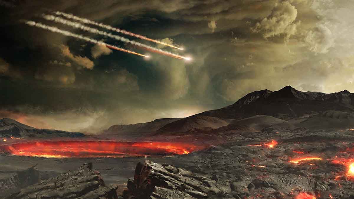Concepto de artista del bombardeo intenso que tuvo lugar en los inicios de la Tierra.