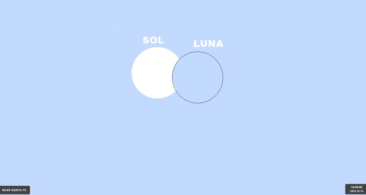A las 16.37, la Luna tapará al Sol en Santa Fe un 11% como máximo. Así se verá el fenómeno en la ciudad el 14 de octubre. A las 16.37, la Luna tapará al Sol en Santa Fe un 11% como máximo. Así se verá el fenómeno en la ciudad el 14 de octubre.