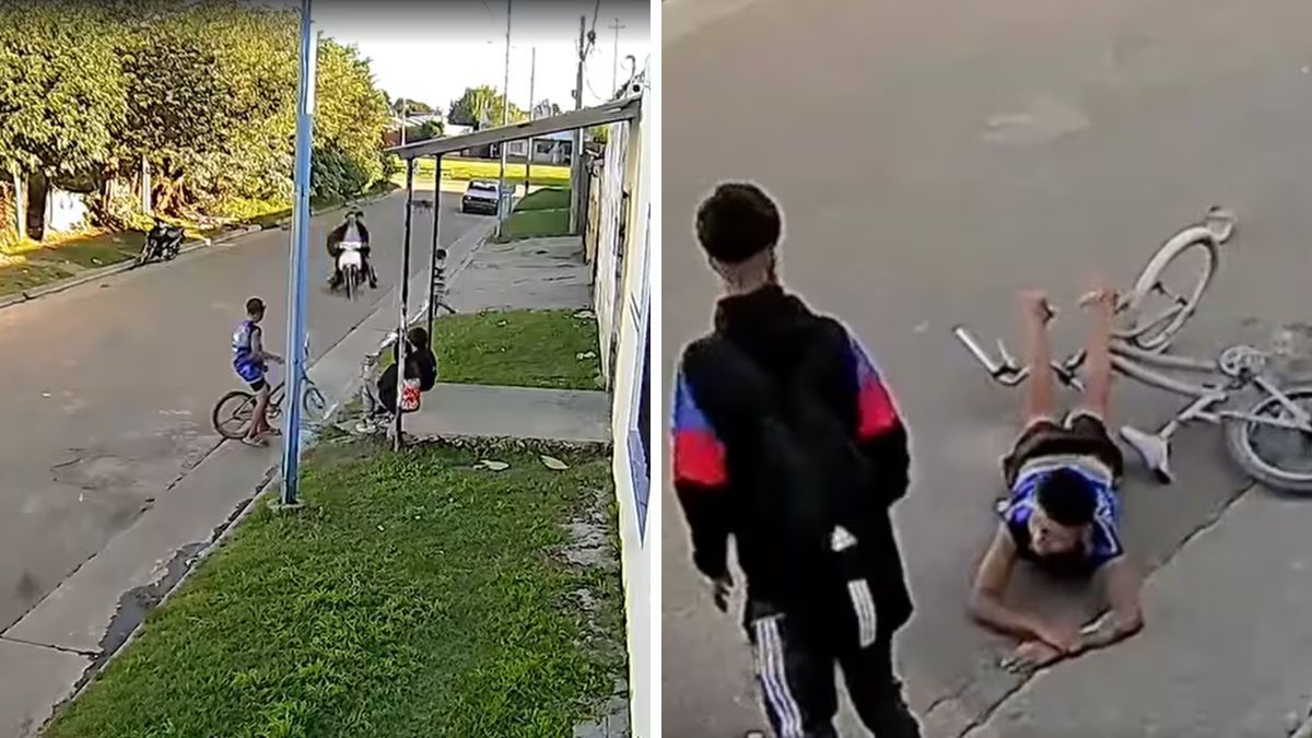 Un motociclista intentó asustar a un nene en bicicleta y lo arrastró varios metros. (Captura video: Facebook/Rojas Ciudad).