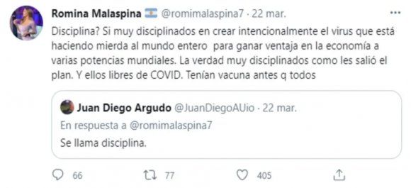 Romina Malaspina generó polémica con su teoría conspirativa sobre el "origen" del coronavirus