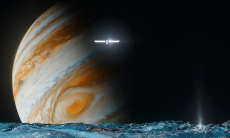 La nave de la NASA Europa Clipper (ilustrada con Júpiter de fondo) llegará cerca de la superficie de la luna Europa en el 2023. La nave de la NASA Europa Clipper (ilustrada con Júpiter de fondo) llegará cerca de la superficie de la luna Europa en el 2023.