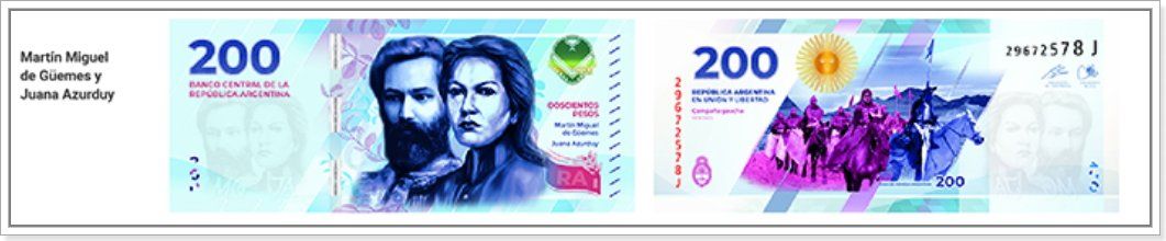 Martín Miguel de Güemes y Juana Azurduy, billete de $ 200.