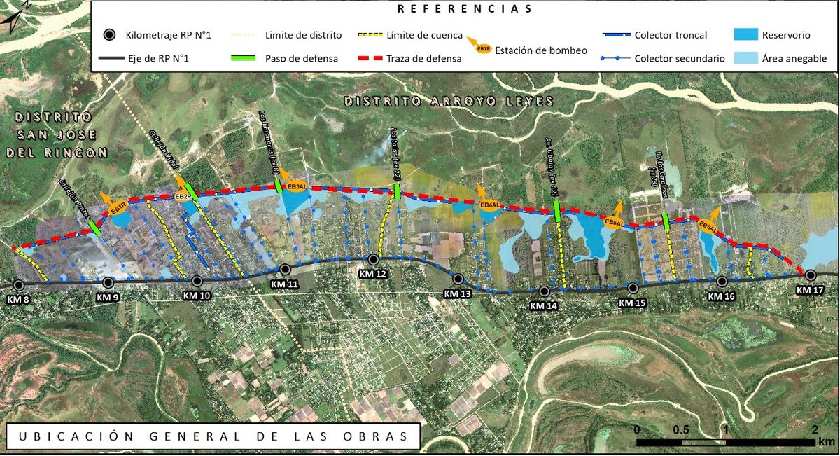 Esta es la traza de la defensa que protegerá el oeste de Arroyo Leyes y la zona norte de Rincón.