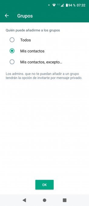 La opción para elegir quién nos puede sumar a un grupo: Todos, mis contactos, o "mis contactos, excepto..."