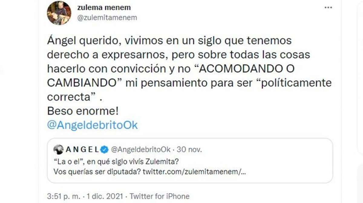 El ida y vuelta en Twitter entre &Aacute;ngel de Brito y Zulemita Menem.
