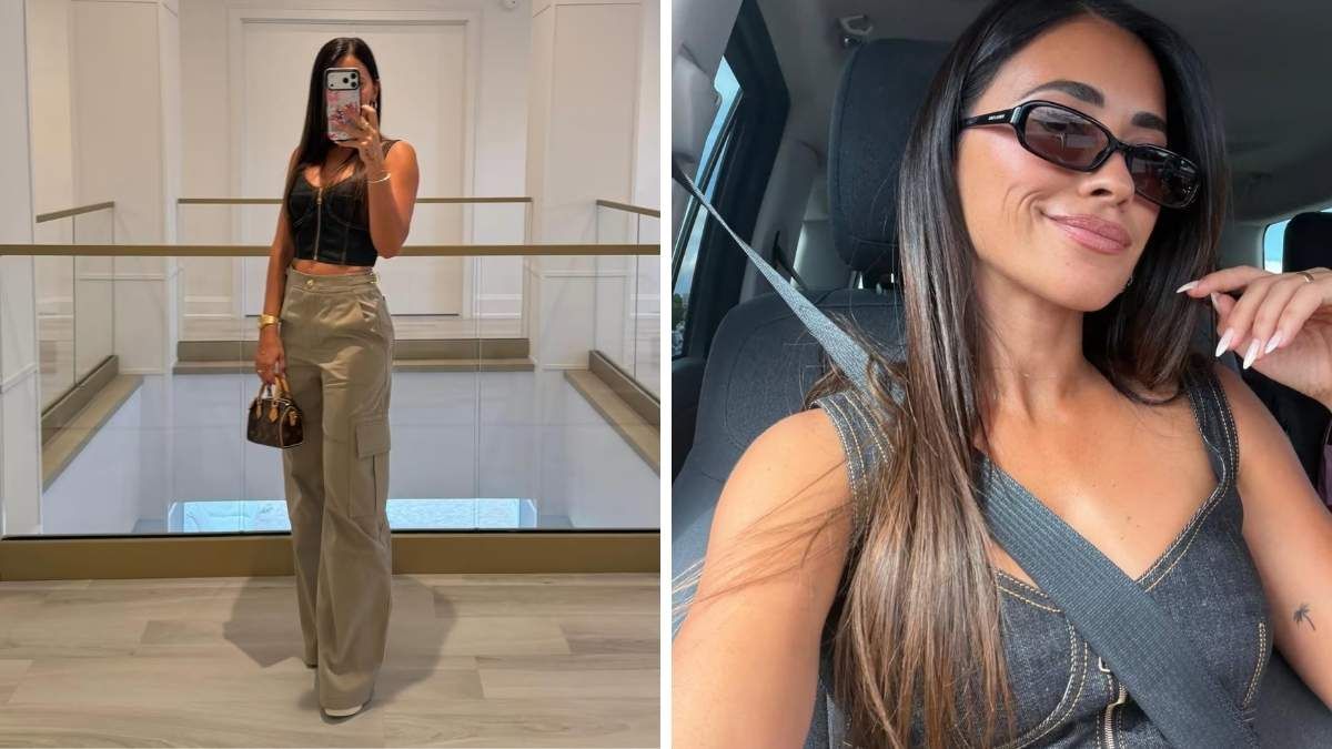 Con gafas rectangulares, joyería dorada minimalista y un beauty look de acabado natural y luminoso, Antonela demostró cómo transformar un conjunto casual en una apuesta de pasarela.