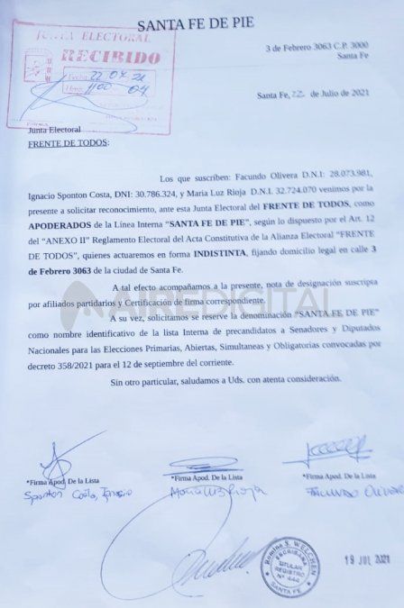 La presentación de La Corriente ante la Junta Electoral del Frente de Todos para reservar nombre en pos de una posible interna.